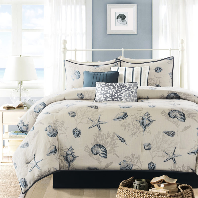 Édredon pour grand lit bleu 7 pièces - 100% coton avec coussins assortis à motif de coquillages sur fond foncé