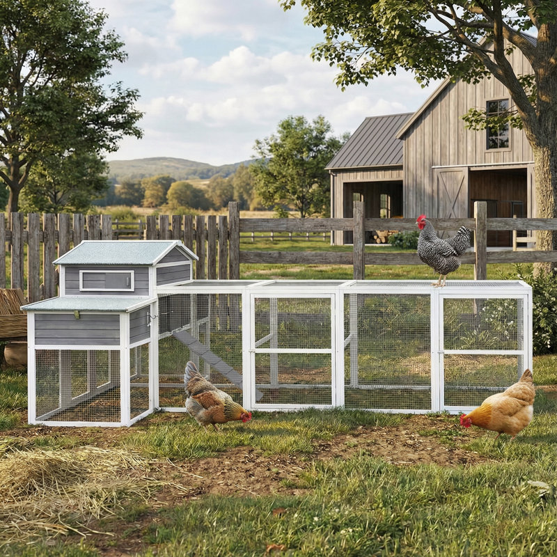 Poulailler très grand 150 po - poulailler d'extérieur en bois avec fil de métal noir antirouille, 2 boîtes de nidification, 5 perchoirs pour la volaille, cage à poulet sécurisée et durable