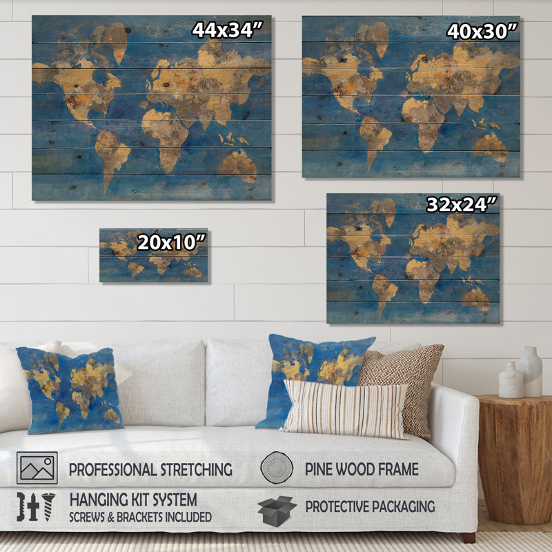 Carte du monde Golden Glam - reproduction traditionnelle sur bois de pin naturel, H 20 po x l 20 po x P 1 po