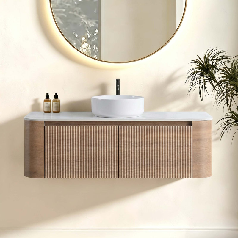 Meuble-lavabo inspiré de la nature avec design incurvé et rangement à fermeture en douceur, Honey Oak