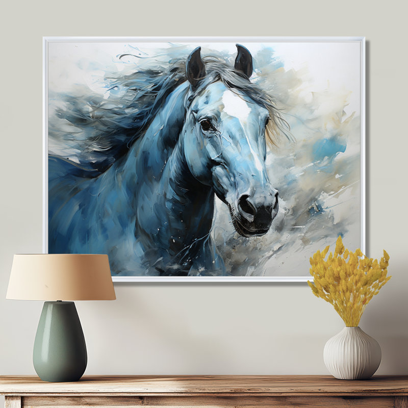 «Blue Horse Vibrant Blue Equine I», art mural grand cheval, H 34 po x l 44 po x P 1,5 po, Cadre flottant blanc