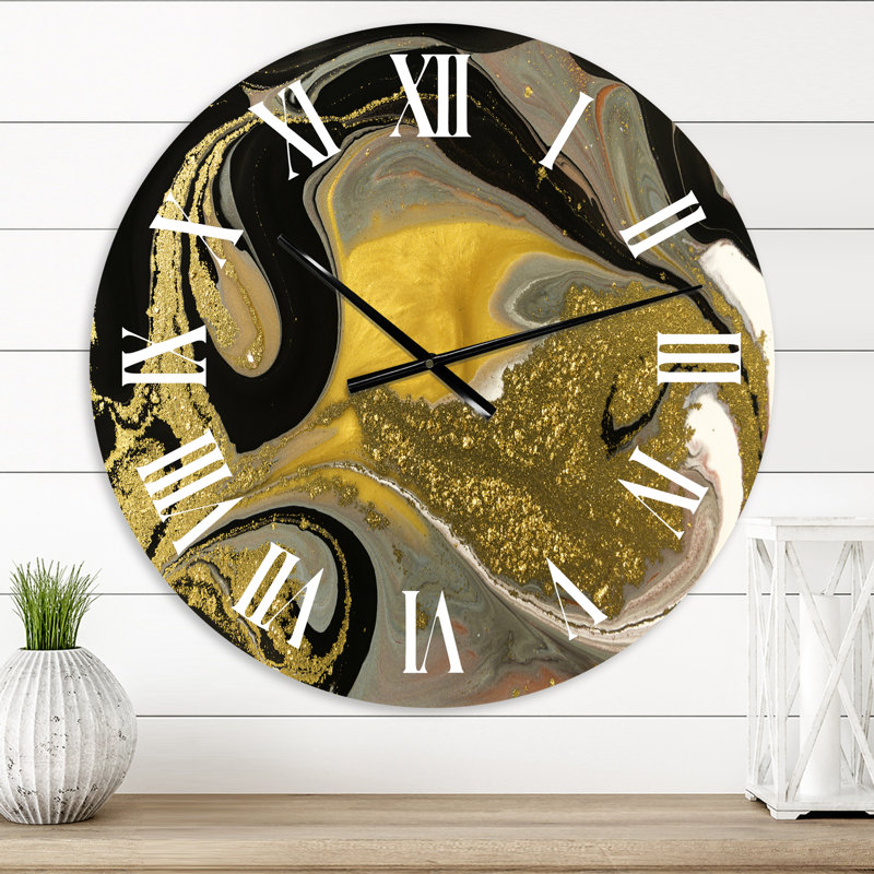 Or et noir marbré texture ondulée I - horloge murale moderne, Surdimensionné