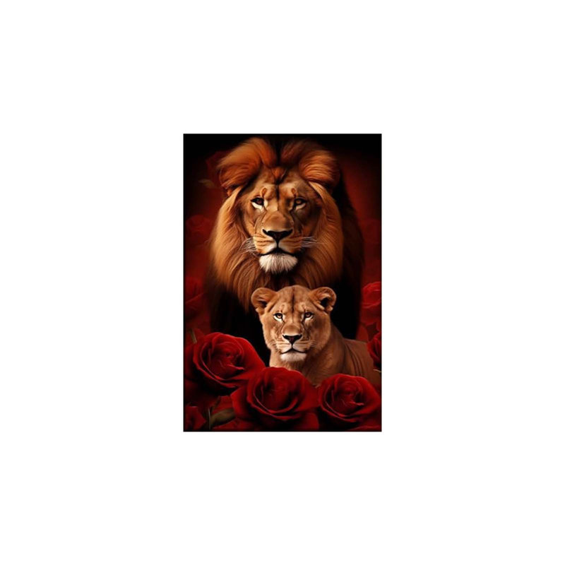 Lion Canvas Wall Art Lion And Lioness Decor Rose Flower Picture Animal Painting Contemporary Artwork, 45 cm H x 30 cm W