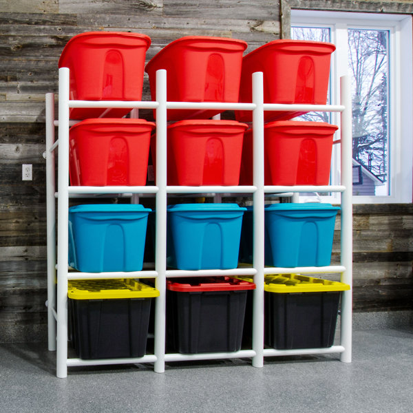 Basement storage shelves designed to perfectly fit 18-gallon bins.   Basement organization, Basement storage cabinets, Basement storage shelves