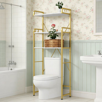 Étagère de rangement au-dessus de la toilette avec 3 niveaux et crochets, organisateur de salle de bain peu encombrant pour serviettes, papier hygiénique et buanderie, structure en métal robuste
