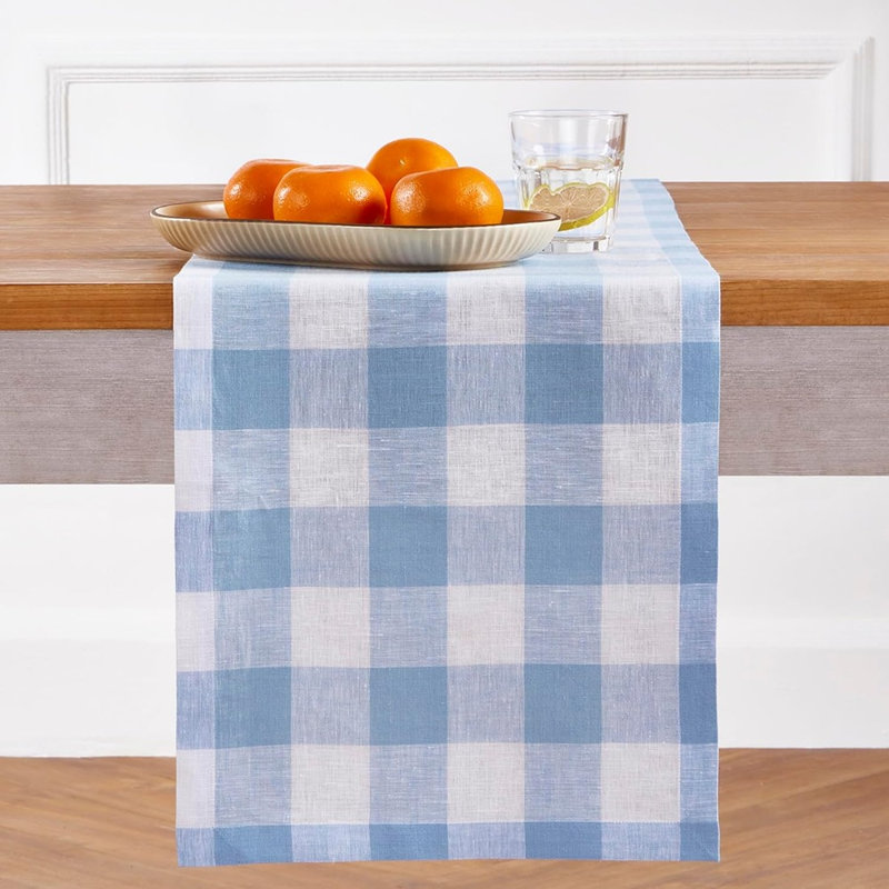 Chemin de table en lin - Bleu / blanc - Style buffle à carreaux, 100% lin pur, chemin de table court pour commode et table basse