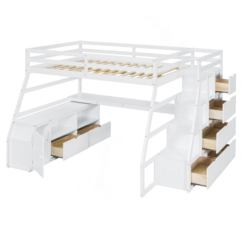 Full Size Loft Bed With 7 Drawers 2 Shelves And Desk, White, Full
