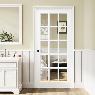 Dalle de porte française en verre transparent de 36 po x 80 po, porte intérieure en verre transparent de 15 po à finition blanche et à peindre, panneau de porte sans trou ou charnières, comme porte de grange ou porte prémontée ou porte de poche ou dalle de porte française pour garde-manger, Porte de buanderie, porte de chambre à coucher