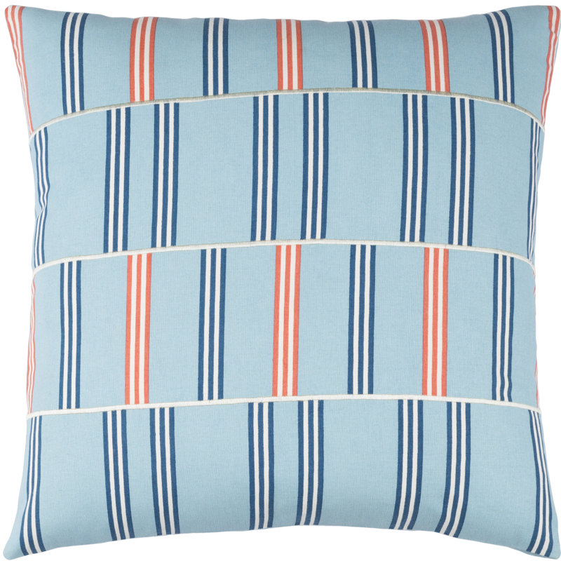Coussin décoratif rayé carré, Petit, Bleu ciel / bleu foncé / blanc / orange, Mélange de duvet
