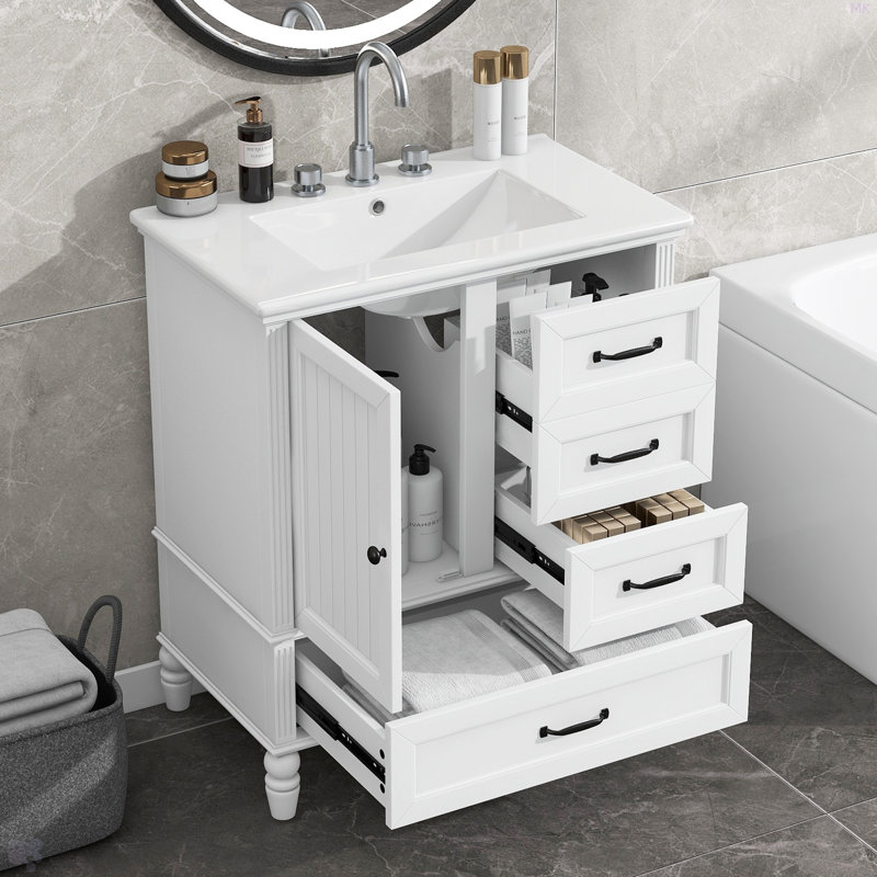 Meuble-lavabo de 30 po avec lavabo, armoire de salle de bain avec porte, trois tiroirs, pieds en bois massif et panneau de fibres à densité moyenne, patins réglables