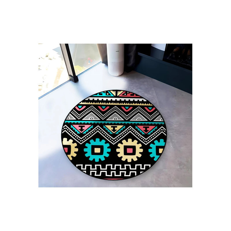 Black Multicolored Shapes Woven Base Modern Decorative Rug, Round 5'