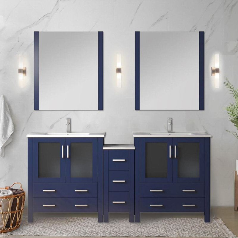 72 po De meuble-lavabo double l 18 po x P 18,25 po avec armoire latérale, surface en céramique, structure en bois massif, deux armoires intérieures et sept tiroirs pour un rangement abondant,