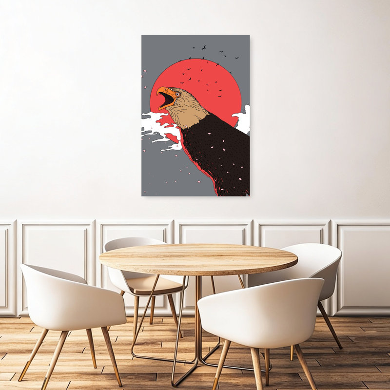 «Screaming Eagle», soleil rouge, audacieux, oiseau traditionnel, cerisier, aigle, faune, 48" H x 32" W