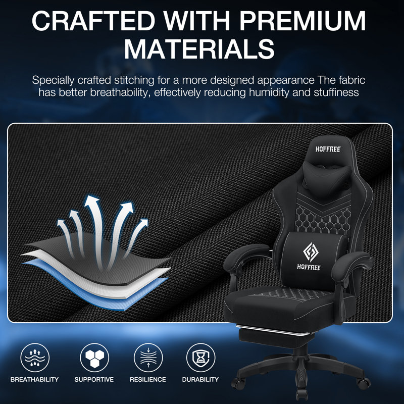 Reclining Ergonomic Fabric PC & Racing Game Chair with Vibration Lumbar Pillow, Black