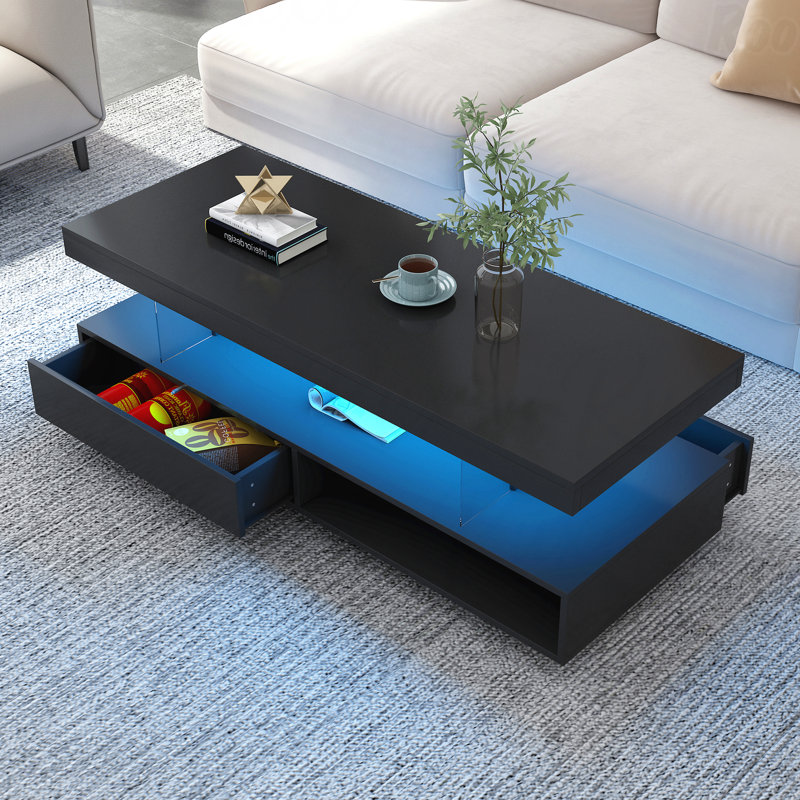 Table basse moderne à DEL avec 2 tiroirs et tablettes, Noir