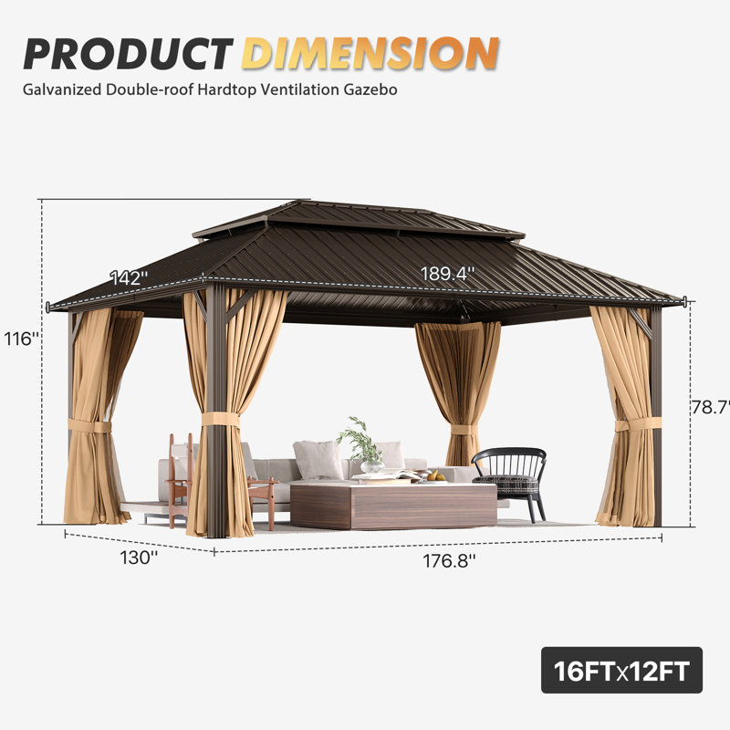 Pavillon de jardin à toit rigide avec toit en acier galvanisé et structure en métal, Pavillon de jardin en métal x P 12 pi P