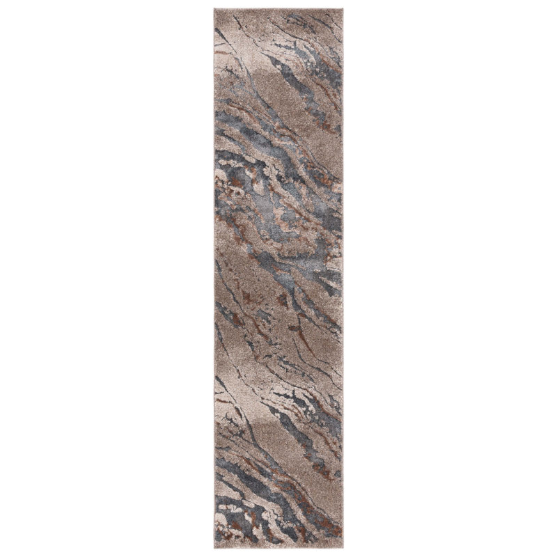 Tapis abstrait en polyester fabriqué à la machine en gris / brun, Tapis de couloir 2 pi 2 po x 9 pi