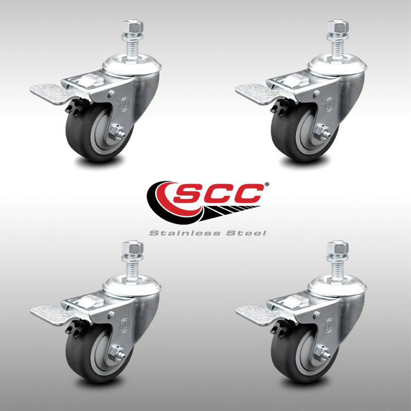 3 Inch SS Thermoplastic Rubber ½ Inch Threaded Stem Caster Set Total Lock Brake