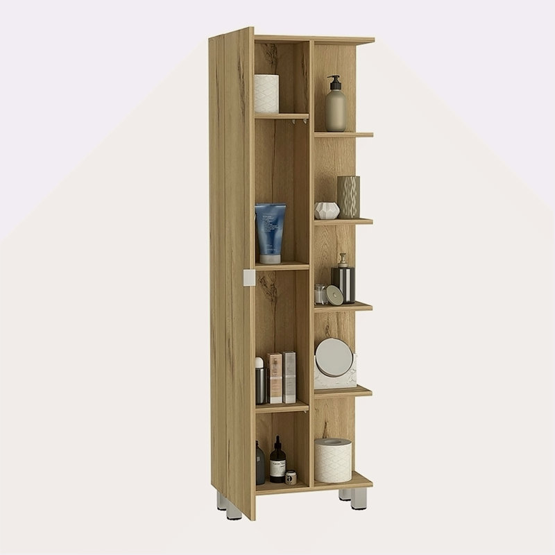 Armoire de coin, cinq tablettes ouvertes, une porte, Chêne clair