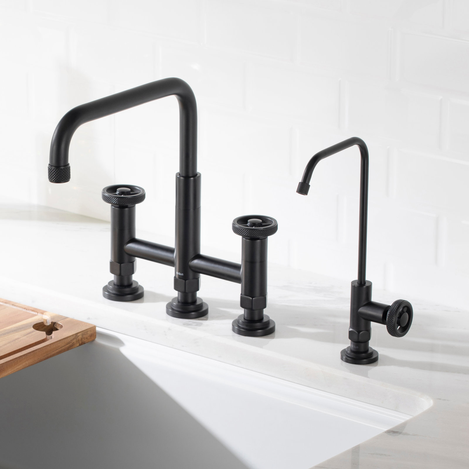 KRAUS Urbix Industrial Bridge Kitchen Faucet and Water Filter Faucet Combo, Matte Black