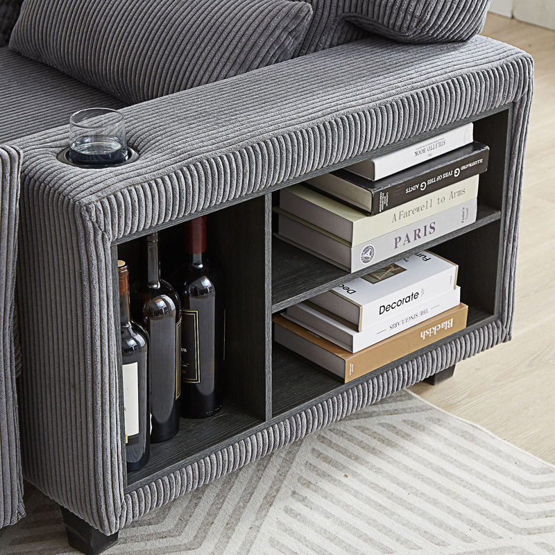 Canapé modulaire en L, canapé modulaire moderne avec rangement et porte-gobelet, canapé modulaire, Velours côtelé gris