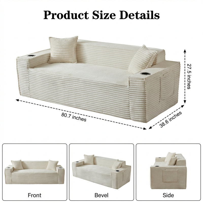 Canapé compact à 3 places avec confort moelleux, H 27,5 po x l 80,7 po x P 38,6 po, 3