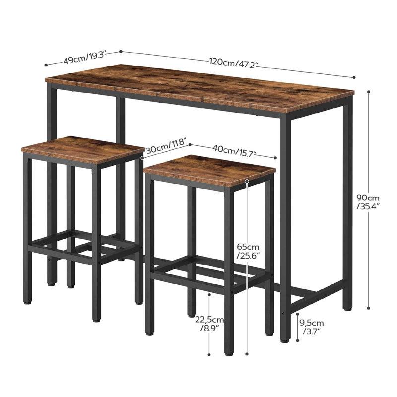 47.2" Rectangular Bar Table And 2 Chairs Set, For Small Space, Sturdy Metal Frame, Rustic Brown