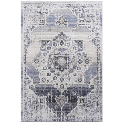 Tapis 5 x 7, métier à tisser, médaillon crème / bleu, ne perd pas ses poils, teinture, parfait pour la salle à manger, collection de bureau à domicile, chambre à coucher idéale