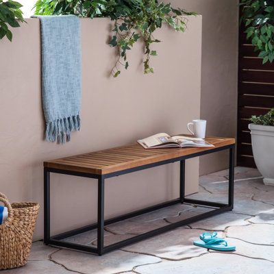 Stylish Outdoor Resting Area Bench - Slatted Wood And Iron, Chic Relaxation Spot Seat Black, Relaxing Corner