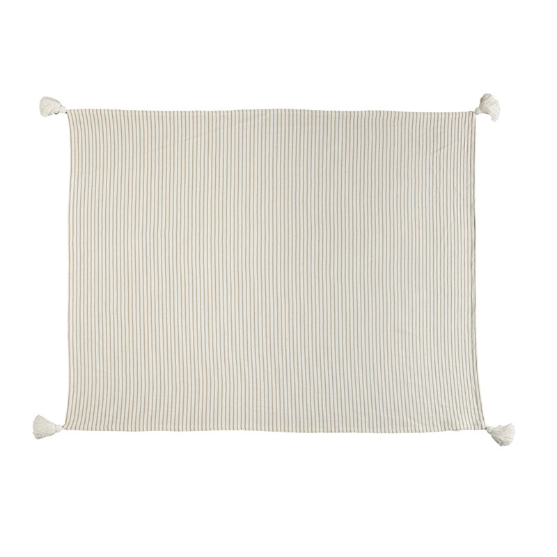  Jeté rayé 100% coton avec pampilles, Beige rayé 1