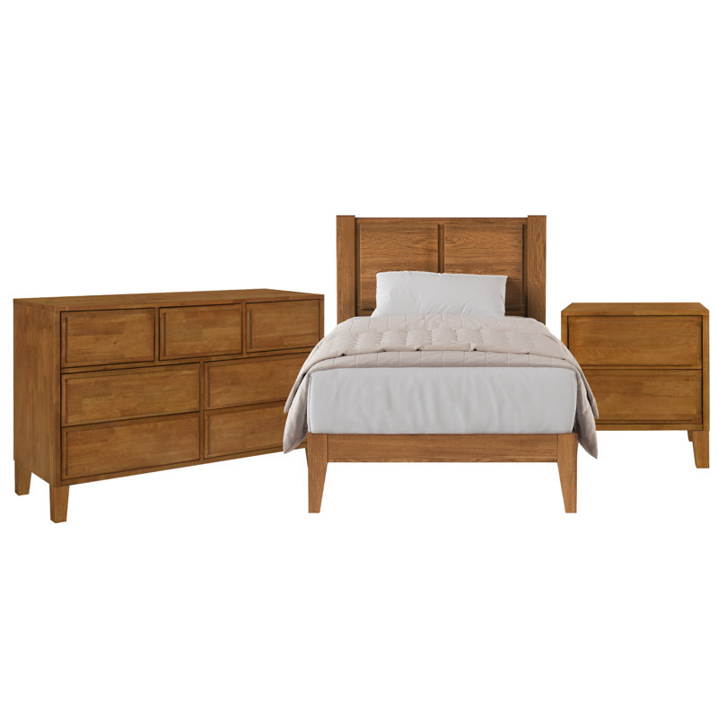 Ensemble de chambre à coucher Knighten, Trois pièces : Lit, table de chevet et commode, Lit simple, Noyer