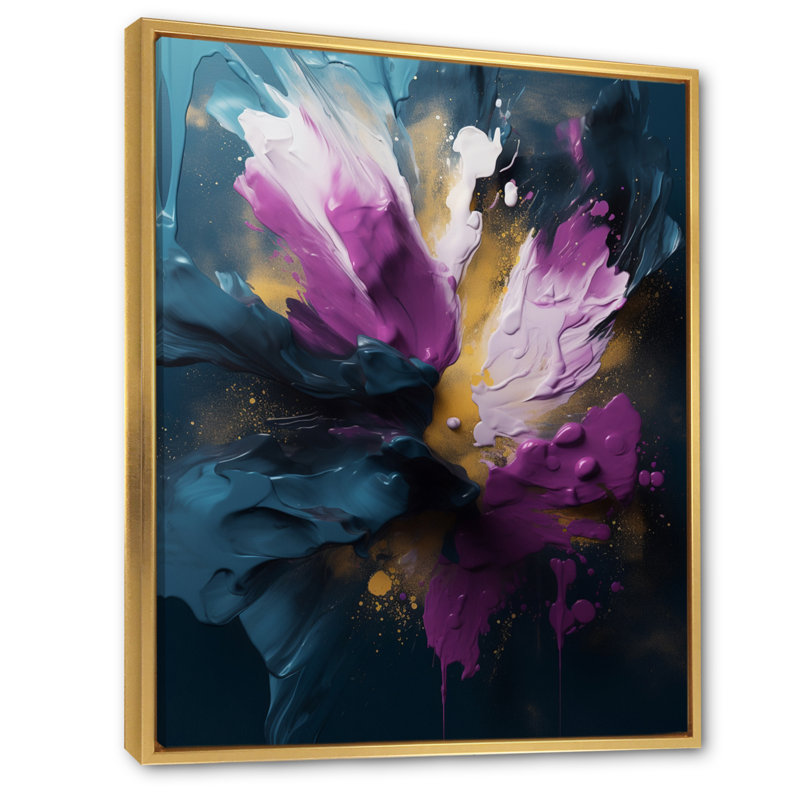 «Mauve et bleu, réalités sur toile I», art abstrait encadré, H 32 po x l 24 po x P 1 po, Cadre flottant doré