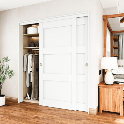 80" White Primed 1-Panel Or 3-Panels Closet Sliding Door With Hardware Kit & Handles