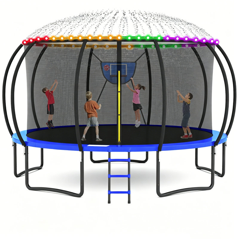 Trampoline ronde GVDV de 3,66 m (12 pi) avec filet de sécurité, panier de basketball, arroseur et lumières DEL pour les jeux extérieurs des enfants.