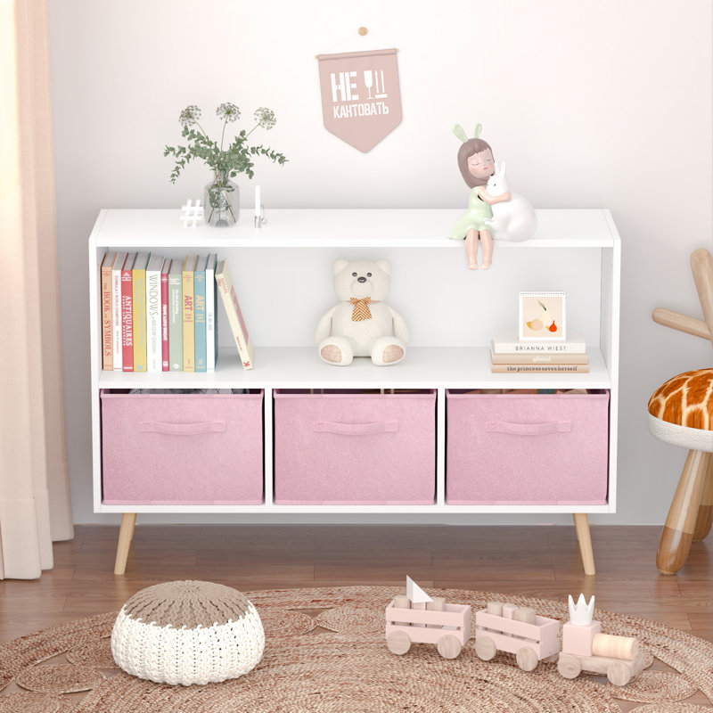 Kids Bookcase With Collapsible Fabric Drawers, White/Pink