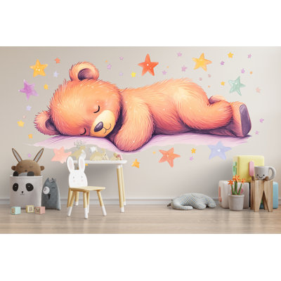 Sleeping Bear Nursery Wall Decal – Cute Bedtime Baby Bear Above Crib Wall Art 047Mv