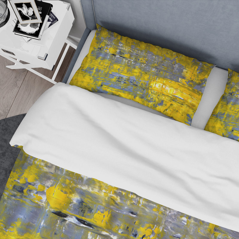 «Yellow Meets Gray Abstract Art I» - Ensemble de housse de couette moderne - Polyester en microfibre
