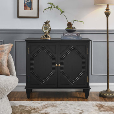 33.6 Inch Retro Wooden Sideboard Buffet Cabinet With Adjustable Shelves, Symmetrical Geometric Accent For Living Room And Entryway