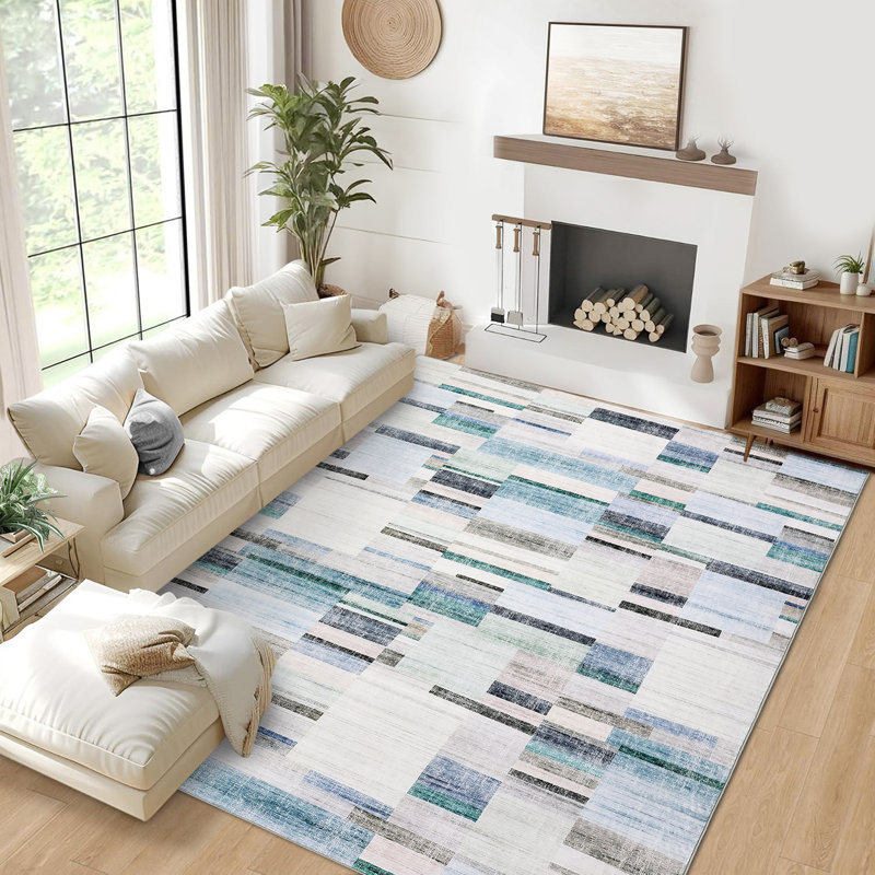Modern Geometric Machine Washable Rug with Non-Slip Backing Non-Shedding Contemporary Accent Carpet Soft Low Pile Floor Cover for Living Room
