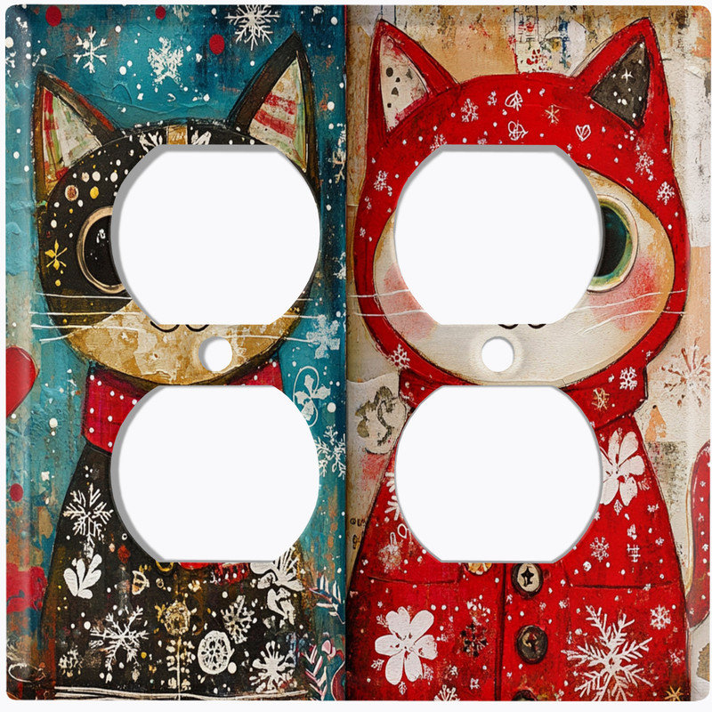 Couvercle de plaque d'interrupteur en métal; Rectangle 2 bandes US standard - Chats d'hiver fantaisistes, Prise double # 9