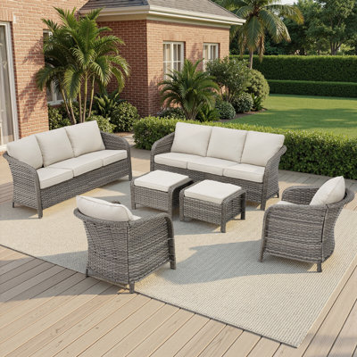 Arcola 6-Piece Outdoor Wicker Patio Enveloping Backrest Sofa Set With Chairs And Ottomans