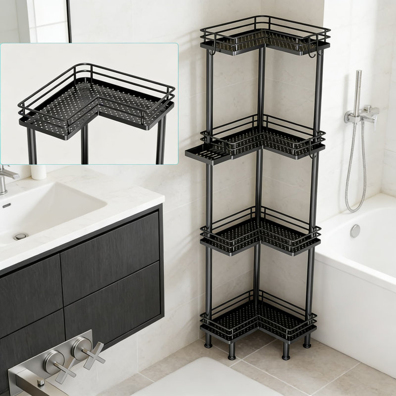 Organisateur de douche à 4 niveaux avec porte-savon et crochets, étagère de salle de bain antirouille pour un rangement peu encombrant