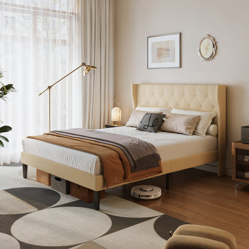 Linen Tufted Wingback Upholstered Platform Bed with Wood Slats Headboard Included, Beige