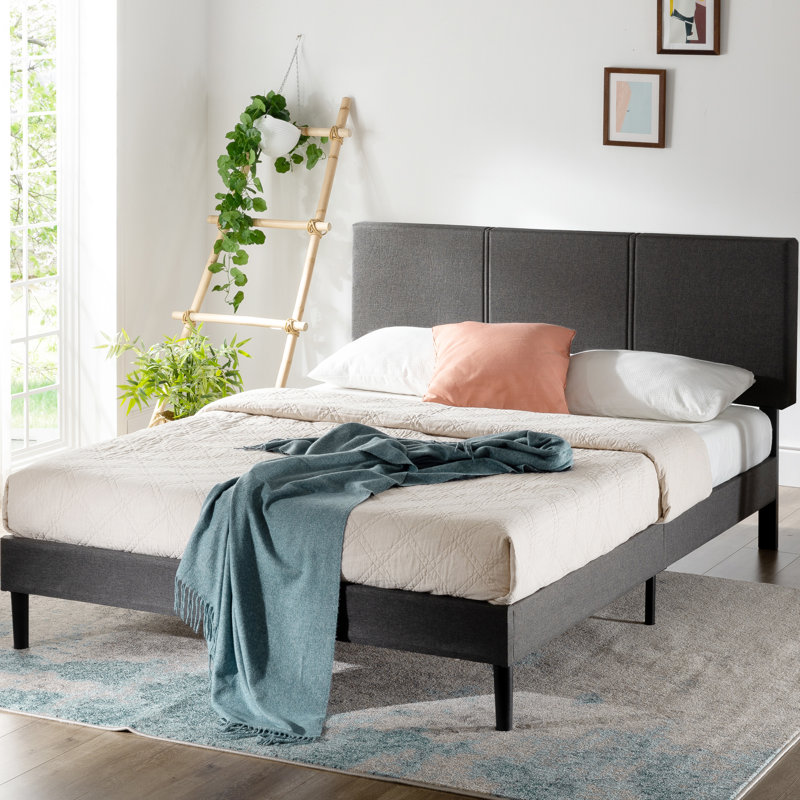 Elegant Gray Queen Upholstered Platform Bed with Bamboo Slats