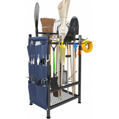 Garden Yard Tool Organizer Rack with Hooks and Side Pockets Holding Long Handled Tools