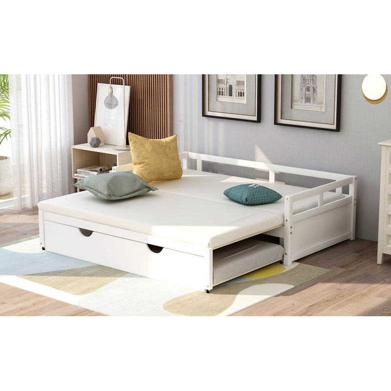 Lit de jour extensible avec couchette, lit de jour en bois avec couchette, Blanc