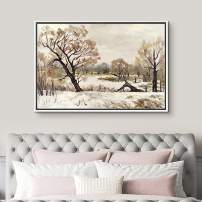 «Snowy Winter Landscape Vintage Rustic Forest Farmhouse Country Decor», reproduction d'art sur toile encadrée