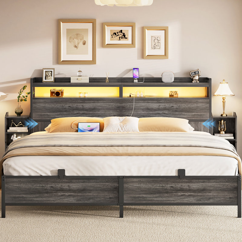 Bookcase Bed With Storage Slide Bedside Shelf and Charging Station & LED Light, Full XL, Gray