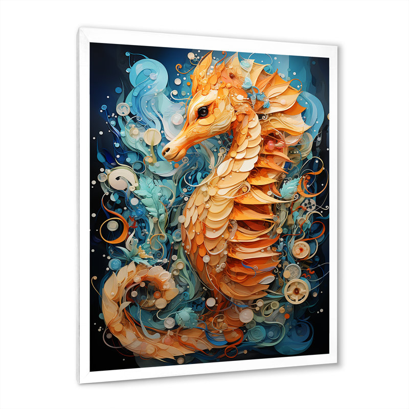 Hippocampe orange et bleu Symphony 1, H 32 po x l 16 po x P 1 po, Cadre photo blanc