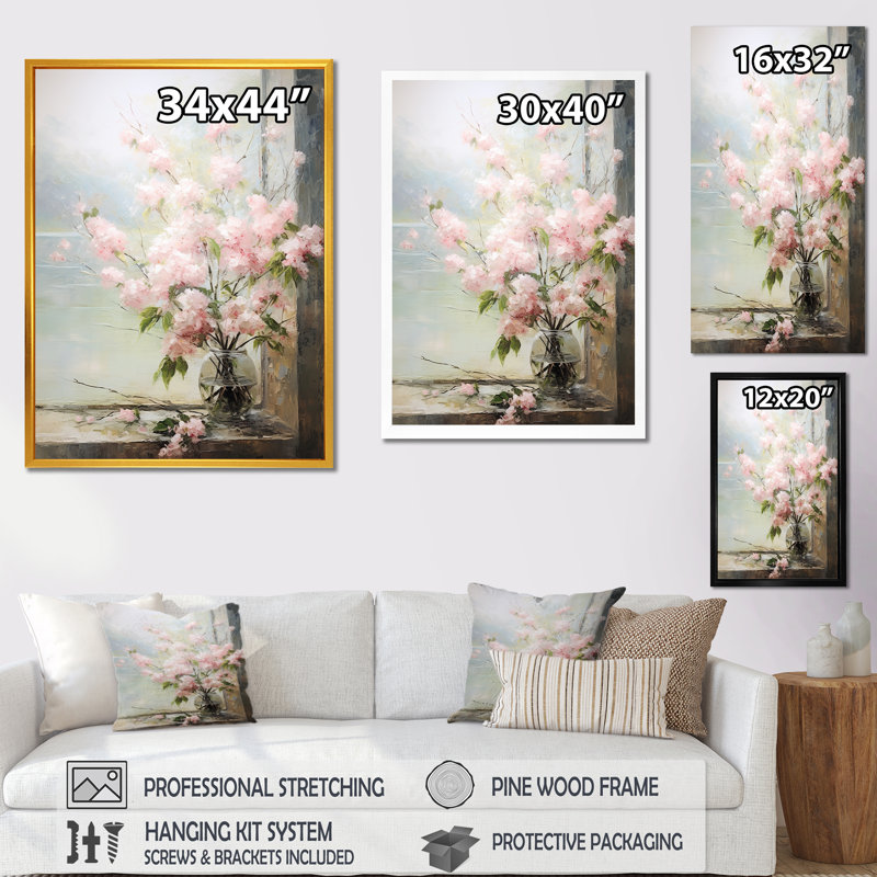 Fleurs de Japon, rebord de fenêtre, art mural Japon, Cadre flottant doré, H 20 po x l 12 po x P 1 po